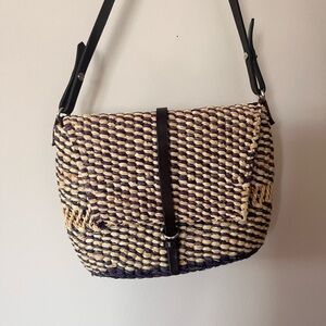 Blue and Tan Crossbody Bag with Leather Strap